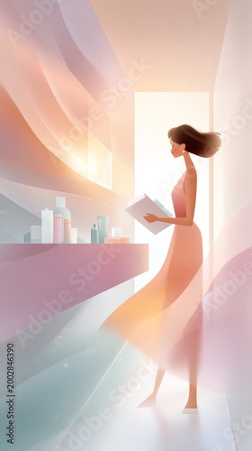 Woman reading near vanity in soft sunrise light with flowing translucent fabric for lifestyle wallpaper and elegant banner design
