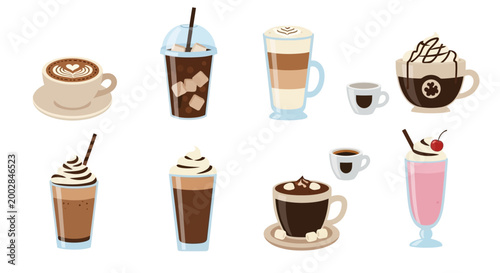Detailed Vector Illustration Set of Different Coffee Types and Cold Beverages Including Espresso Latte Art Cappuccino Iced Coffee Mocha Hot Chocolate and Frappe