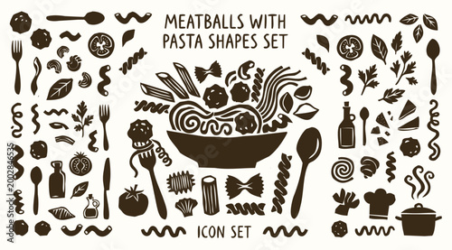 Meatballs and Italian Pasta Shapes Silhouette Icon Set