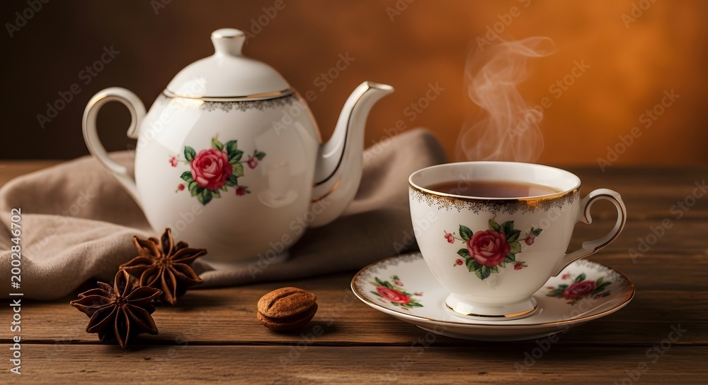 Fototapeta premium Elegant porcelain teapot and floral tea cup with steam on rustic wooden table with star anise spices art.