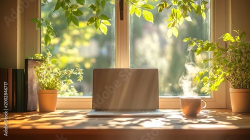 Calm Morning Workspace with Wooden Desk, Warm Sunlight, Coffee Cup and Laptop Creating Peaceful Productivity Lifestyle Scene with Copy Space