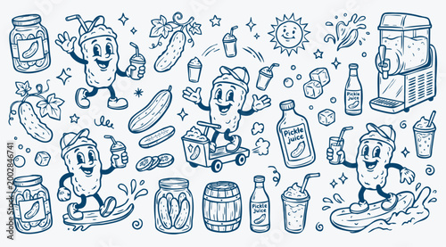 Vintage 1930s Rubber Hose Style Pickle Mascot and Pickle Juice Slushie Beverage Doodle Set