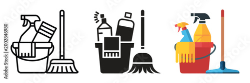 Cleaning service multiple style icon set collection, collection of cleaning tools such as broom, mop, spray bottle, and vacuum in line, solid, and flat styles, clean vector illustration