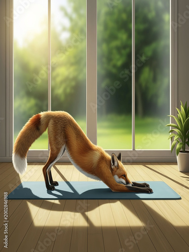 Fox stretching on a wooden floor near a window