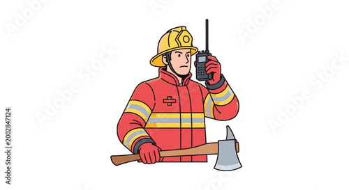 Firefighter in uniform holding axe and radio communication device