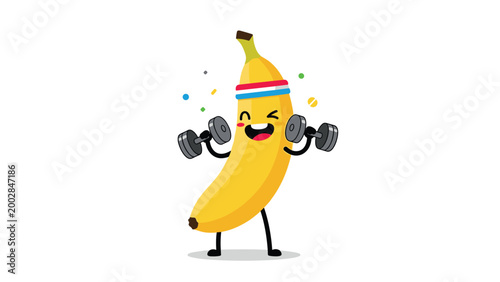 Healthy banana character wearing a headband and lifting two heavy dumbbells to represent fitness and nutritious fruit benefits.