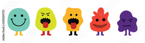 Colorful cartoon characters with different emotions on white background