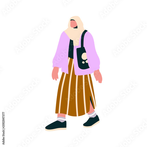 Modern woman walking in fashion style clothing, outfit, headscarf. Tiny femal...