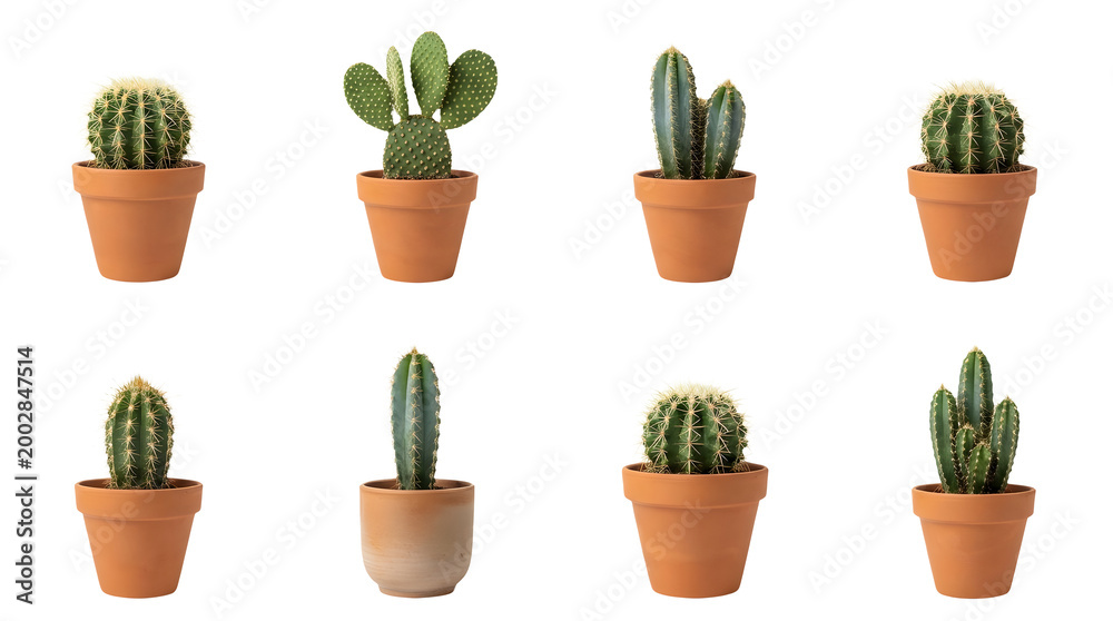 Fototapeta premium Minimalist cactus collection in terracotta pots, set of 8 diverse succulent house plants, green desert cacti isolated on white background
