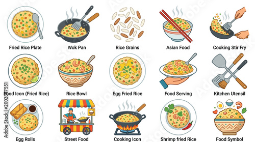 Collection of colorful illustrations depicting various aspects of fried rice preparation and presentation, including ingredients, cooking methods, and serving styles.