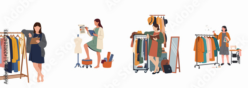 Set of Flat Illustrations Featuring Professional Female Costume Designers and Wardrobe Stylists Working with Clothing Racks, Mannequins, and Production Tools.