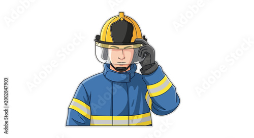 Illustration of firefighter in uniform and helmet on white background