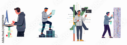 Collection of four character illustrations representing software developers, programmers, and IT professionals engaged in various technical and coding tasks.