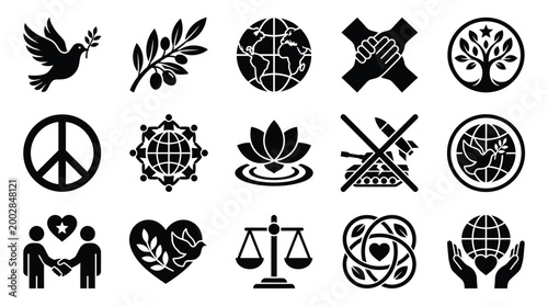 A collection of 15 black and white icons representing peace, unity, and global harmony, including symbols like doves, olive branches, globes, and interconnected hands.