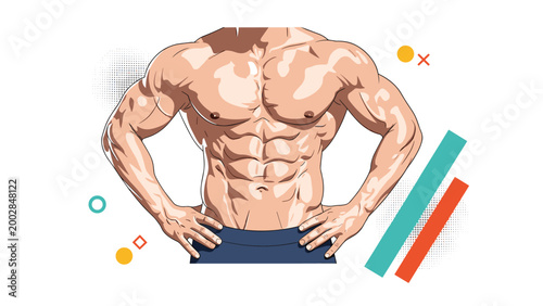 Detailed illustration of a muscular male torso with well defined abdominal and chest muscles surrounded by colorful geometric design elements.