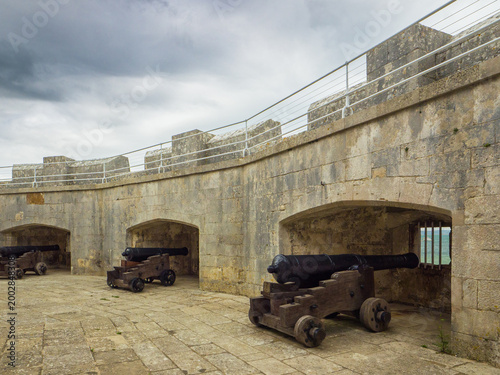 Historic stone defensive walls and black cannons lined up in a fortress battery under an overcast sky (Portland, England, United Kingdom)