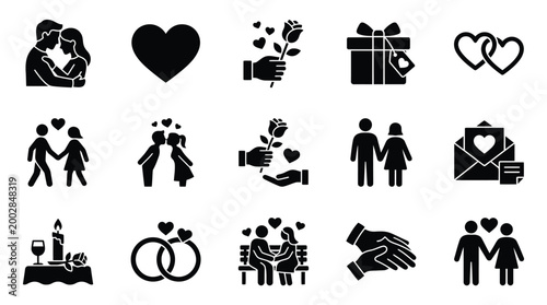 A collection of romantic and love-themed icons, including couples, hearts, gifts, and flowers, symbolizing relationships and affection.