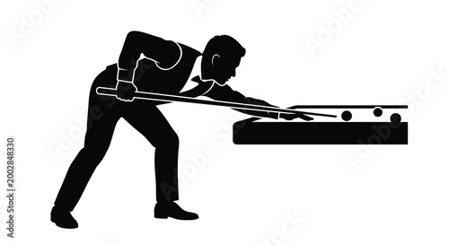 Billiards player aiming with cue on table black silhouette