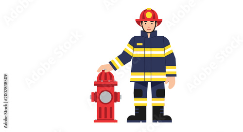 Illustration of Firefighter in Uniform Standing Beside Fire Hydrant