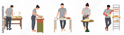 Foto Flat illustration set of people scoring sourdough bread dough with a lame tool i