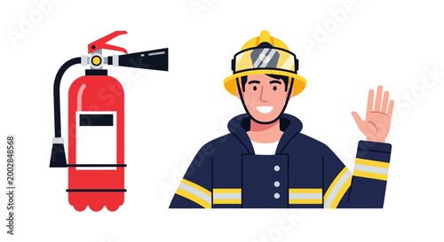 Firefighter in uniform waving beside a fire extinguisher illustration