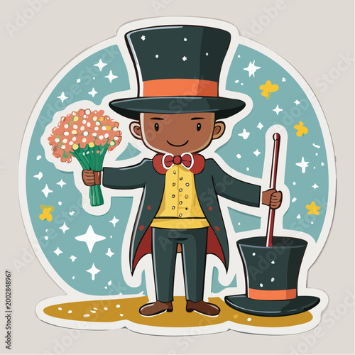 Charming Magician Character with Flowers and Top Hat