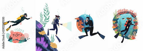 Flat Vector Illustrations of Scuba Divers Exploring Underwater Marine Life, Including Coral Reefs, Tropical Fish, and a Sea Turtle in the Ocean.