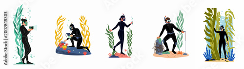 Set of marine biologists and scuba divers conducting underwater research and scientific exploration among seaweed, corals, and diverse marine life.