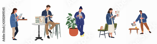 A collection of young creative professionals using digital tablets for mobile app design and artwork in various modern indoor settings.