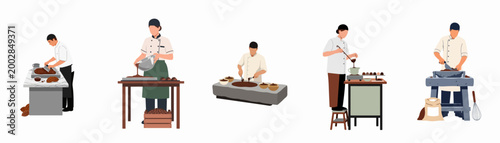 Flat vector illustration set of professional chocolatiers and pastry chefs making artisanal chocolate and truffles in various stages of production.