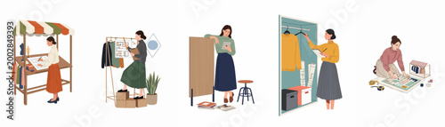 Flat vector illustrations of a female designer working on various creative tasks like architectural planning, fashion styling, and interior design across different settings.
