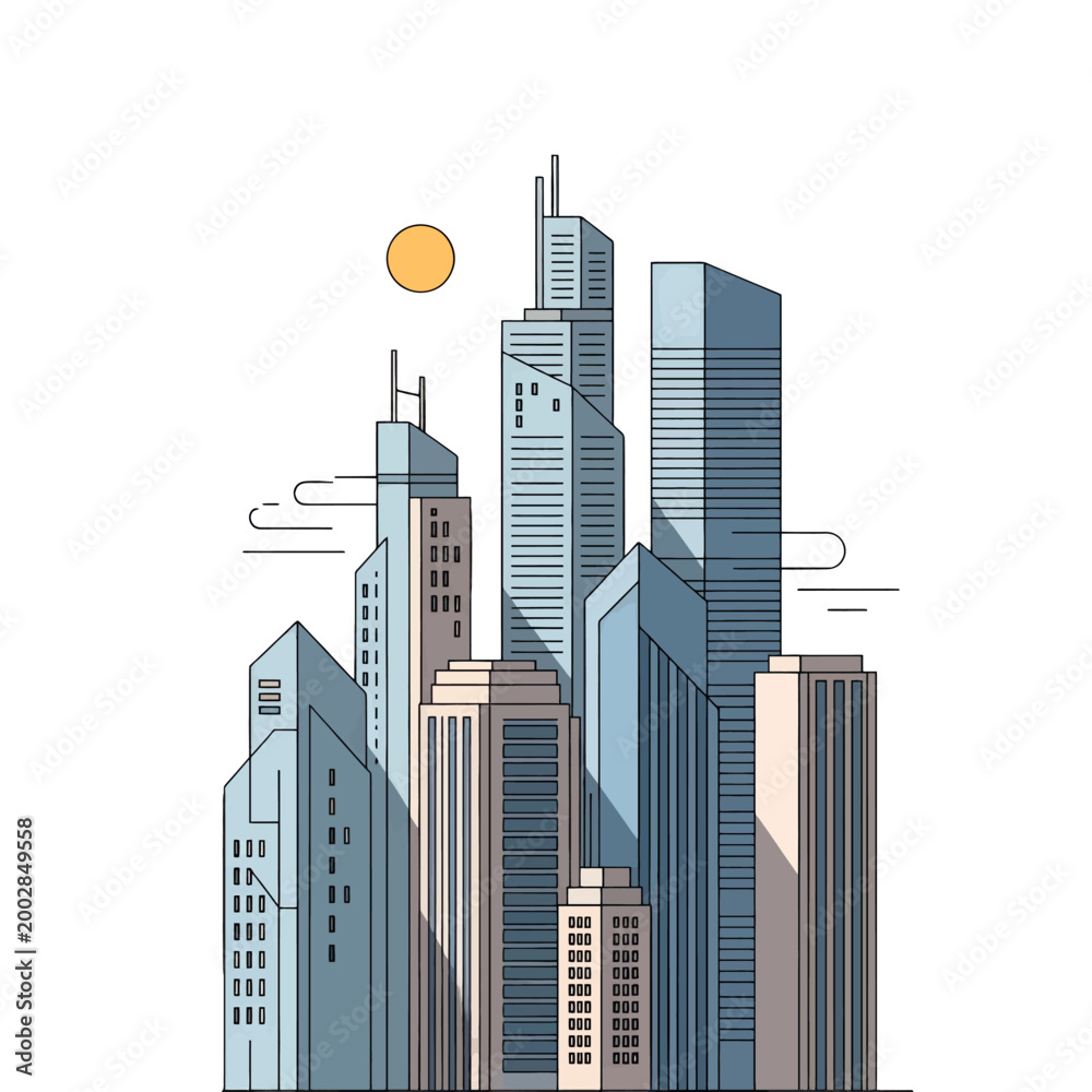 Fototapeta premium A minimalist illustration of a modern city skyline with tall office buildings