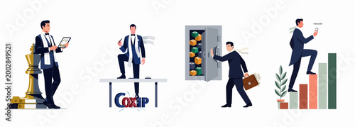 Flat vector illustration set of a successful businessman in a tuxedo representing corporate strategy, wealth, bank takeovers, and financial growth.