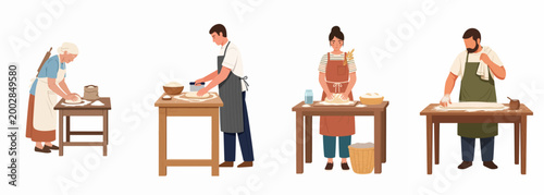 Collection of diverse bakers kneading dough on wooden tables, showcasing the process of making artisan bread in a flat vector illustration style.
