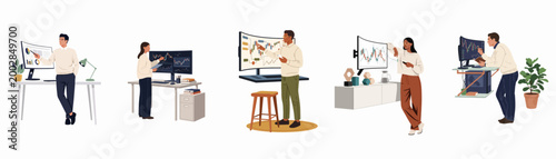 A collection of diverse professional traders and financial analysts monitoring market trends and stock charts on computer screens in modern office settings.