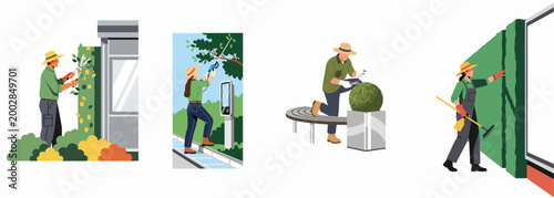 Professional gardeners and landscapers trimming hedges, pruning trees, and maintaining green spaces in a set of four flat-style vector illustrations.