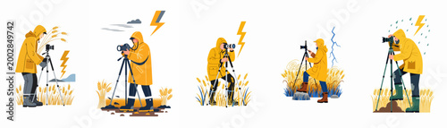 Obraz na plátně Collection of flat vector illustrations depicting storm chasers and photographers in yellow raincoats capturing lightning strikes across rural wheat fields