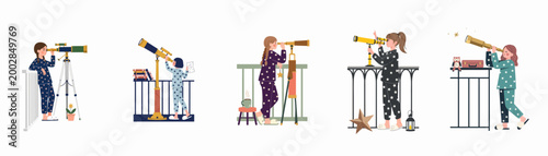Set of diverse girls in star-patterned pajamas using telescopes to observe the night sky on balconies, representing childhood curiosity, science, and astronomy education.