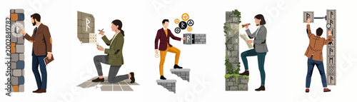 Set of diverse characters exploring ancient ruins, solving mysterious puzzles, and deciphering runic symbols in an escape room adventure theme.