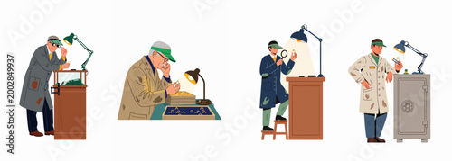 Set of flat vector illustrations depicting professional jewelers and appraisers examining diamond rings and precious gemstones in various workshop and retail settings.