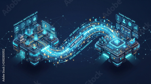 3D fintech API bridge with glowing data stream on navy background