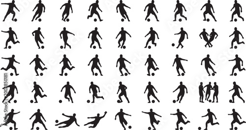 Soccer Player Silhouette Set – Football Athletes Kick, Dribble, and Goalkeeper Poses.