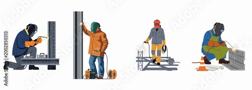 Set of professional welders in protective gear performing industrial metal welding tasks in various poses, vector illustration isolated on white background.