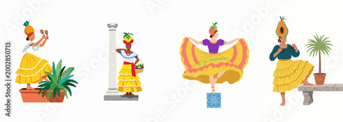 Vibrant vector illustration set featuring Caribbean women in traditional yellow skirts and fruit headpieces, capturing cultural dance and tropical essence.
