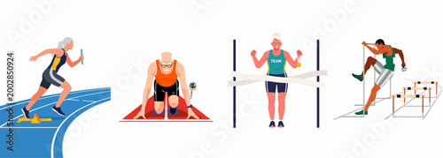 Senior athletes participating in various track and field events including relay running, sprinting from blocks, crossing finish line, and high jump.