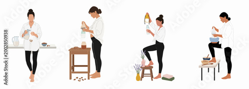Minimalist flat illustration of women making homemade plant-based nut milk, demonstrating the step-by-step process of straining and preparing almond milk.