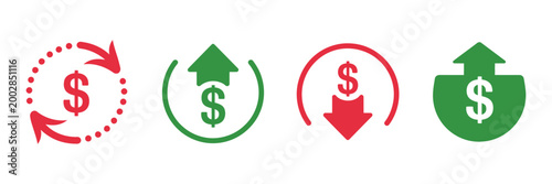 Dollar price up and down icon line style, dollar coin graph with up and down arrows, money cost growth and decline concept, clean vector illustration for currency investment, finance tracking, and mar