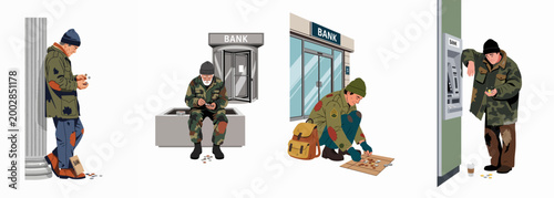 Illustrations of homeless veterans and individuals in poverty counting coins near banks and ATMs, highlighting social and financial inequality and struggle.