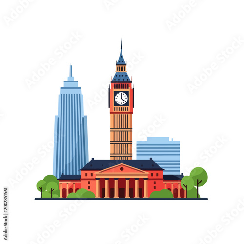 Clock tower and city buildings.