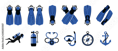 Scuba Diving Equipment Icons Set, Snorkeling Gear and Underwater Sport Accessories Collection in Flat Blue and Black Vector Style for Marine Travel or Vacation Design Projects, Isolated Symbols Elemen